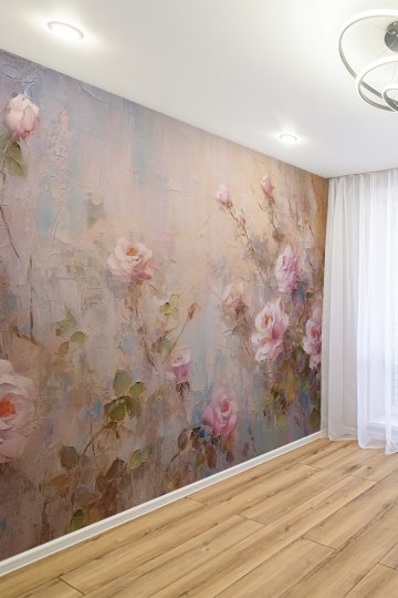 Pastel Gül Desenli Yağlı Boya Efektli Romantik Tekstil Duvar Kağıdı