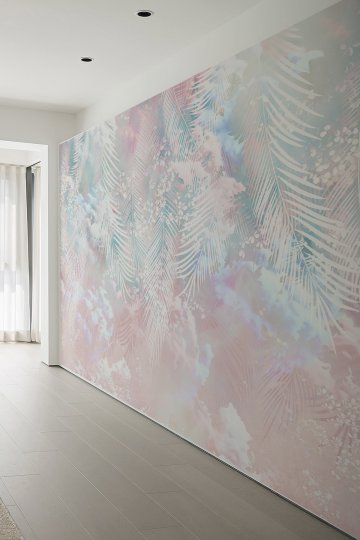 Pastel Pembe Mavi Yaprak Bulut Desenli Tekstil Duvar Kağıdı