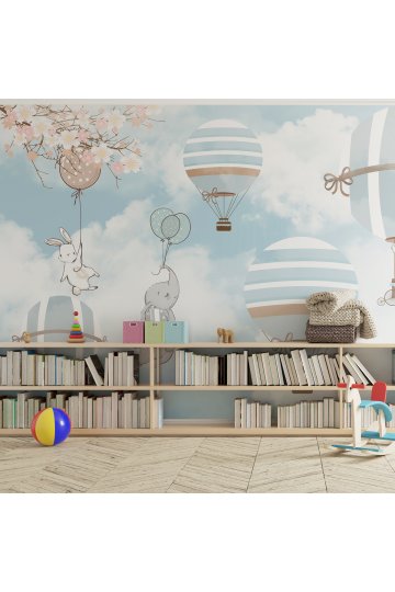 Pastel Renklerde Balon ve Hayvan Temalı Çocuk Odası Duvar Kağıdı-Digital Baskılı