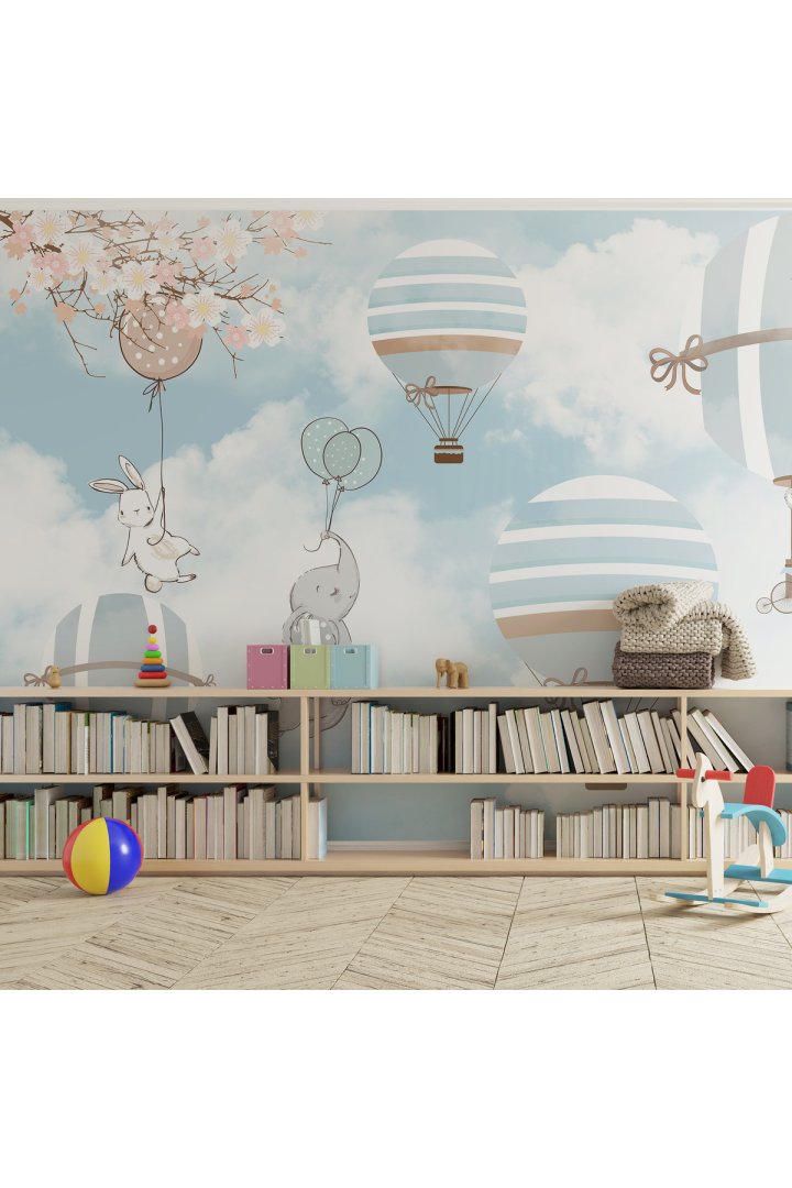 Pastel Renklerde Balon ve Hayvan Temalı Çocuk Odası Duvar Kağıdı-Digital Baskılı
