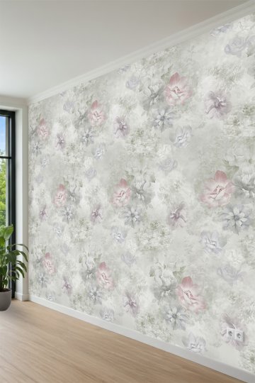 Pastel Tonlarda Sulu Boya Efektli Çiçek Desenli Tek Parça Tekstil Duvar Kağıdı küçük görsel 3