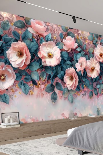 Pembe Çiçek Gül Desenli Tekstil Duvar Kağıdı