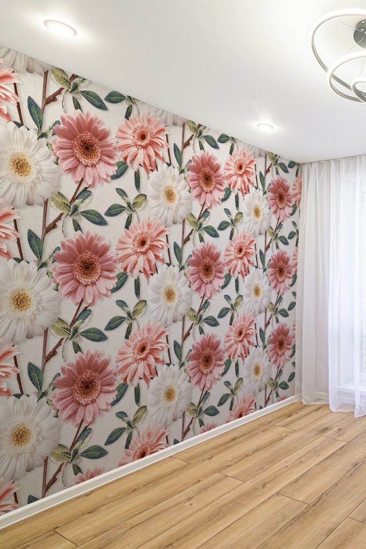 Pembe Gerbera Çiçek Desenli Tekstil Duvar Kağıdı