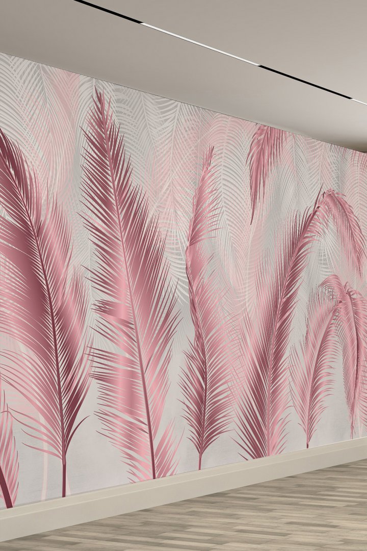Pembe – Gri Tropikal Yaprak Desenli Tekstil Duvar Kağıdı