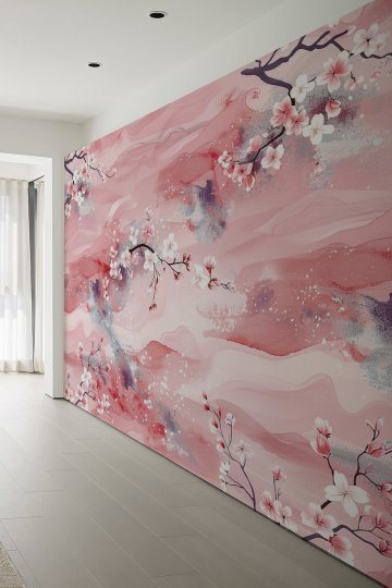 Pembe Kiraz Çiçeği Desenli Tekstil Duvar Kağıdı
