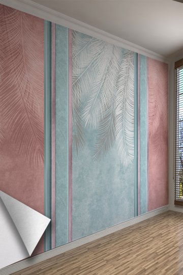 Pembe Mavi Tropikal Yapraklı Tek Parça Duvar Kağıdı