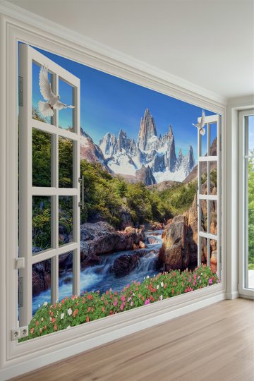 Pencere Manzarası, Karlı Dağlar, Nehir ve Uçan Güvercinler Temalı Tek Parça Tekstil Duvar Kağıdı