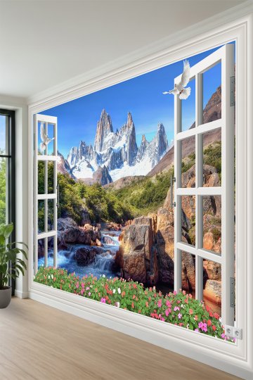 Pencere Manzarası, Karlı Dağlar, Nehir ve Uçan Güvercinler Temalı Tek Parça Tekstil Duvar Kağıdı küçük görsel 3