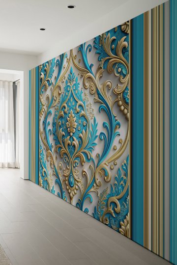 reamwall 3D Mavi Gold Çiçek Motifli Klasik Tekstil Duvar Kağıdı