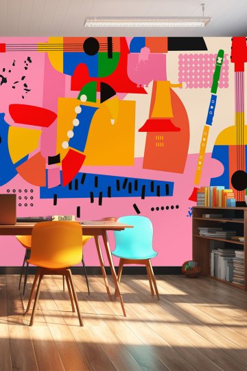 Renkli Bloklar ve Müzik Enstrümanı Motifli Soyut Tek Parça Tekstil Duvar Kağıdı küçük görsel 1