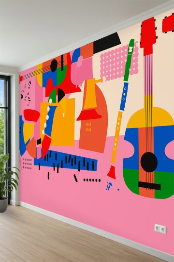 Renkli Bloklar ve Müzik Enstrümanı Motifli Soyut Tek Parça Tekstil Duvar Kağıdı küçük görsel 3