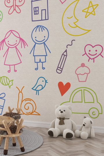 Renkli Çocuk Çizimleri ve Sevimli Figürler Temalı Tek Parça Tekstil Duvar Kağıdı
