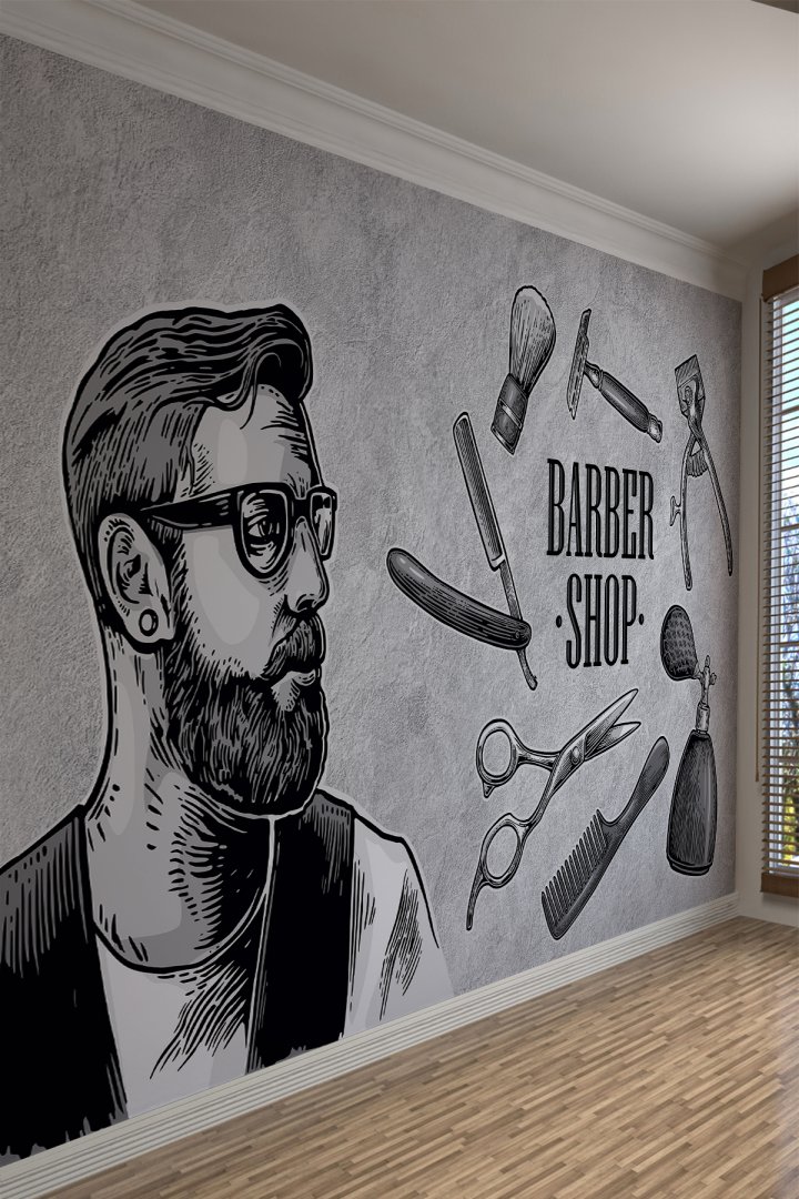 Retro Barber Shop Gri Tekstil Duvar Kağıdı