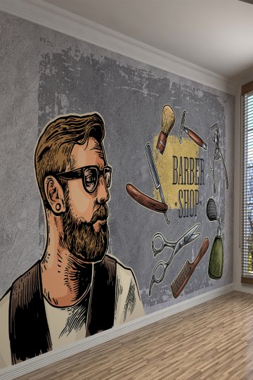 Retro İllüstrasyon Barber Shop Tekstil Duvar Kağıdı