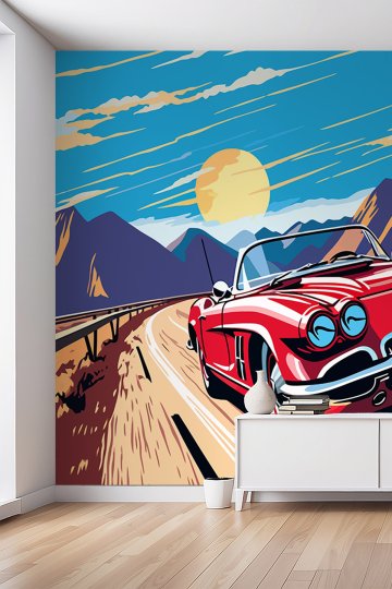 Retro Tarzı Klasik Araba, Gün Batımı İllüstrasyon Tasarımlı Tek Parça Tekstil Duvar Kağıdı