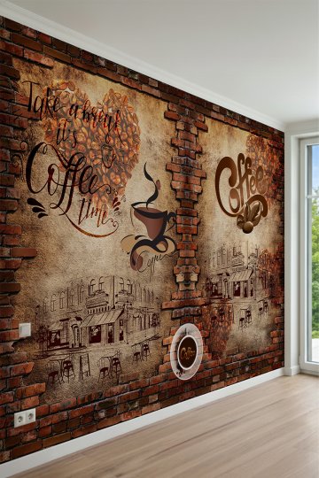 Rustik Tuğla Duvar, Kahve Konseptli Yazılar ve Retro Kafe Desenli Tek Parça Tekstil Duvar Kağıdı