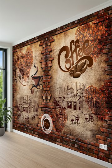 Rustik Tuğla Duvar, Kahve Konseptli Yazılar ve Retro Kafe Desenli Tek Parça Tekstil Duvar Kağıdı küçük görsel 2