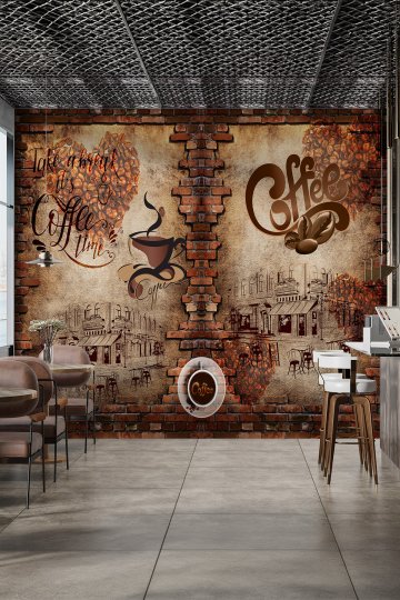 Rustik Tuğla Duvar, Kahve Konseptli Yazılar ve Retro Kafe Desenli Tek Parça Tekstil Duvar Kağıdı küçük görsel 4