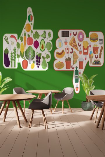 Sağlıklı ve Fast Food Besin Konseptli Beğen/Beğenme Figürlü Tek Parça Tekstil Duvar Kağıdı küçük görsel 2