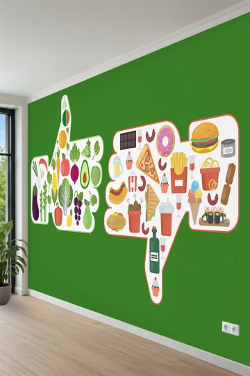 Sağlıklı ve Fast Food Besin Konseptli Beğen/Beğenme Figürlü Tek Parça Tekstil Duvar Kağıdı küçük görsel 3