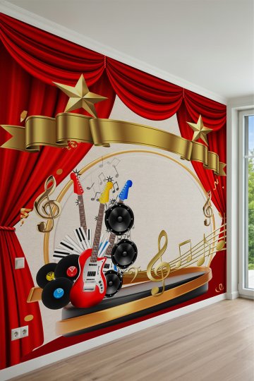 Sahne Perdeleri, Altın Kurdeleler, Gitarlar ve Müzik Notalı Eğlence Temalı Tek Parça Tekstil Duvar Kağıdı küçük görsel 2