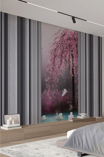 Sakura Ağacı ve Kuğulu Manzara Tekstil Duvar Kağıdı