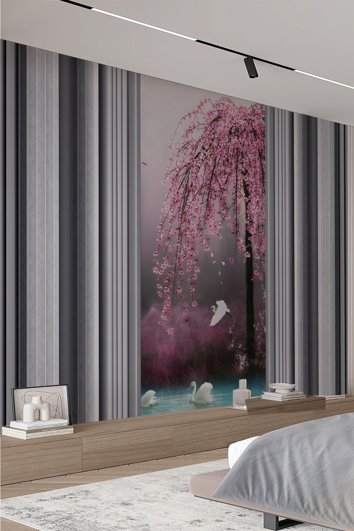 Sakura Ağacı ve Kuğulu Manzara Tekstil Duvar Kağıdı