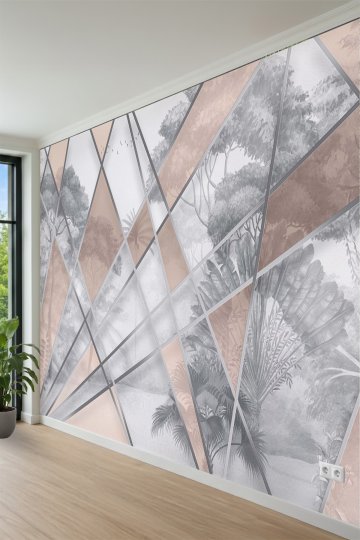  Sanatsal Geometrik Kesimli ve Tropikal Doğa Temalı Tek Parça Tekstil Duvar Kağıdı  