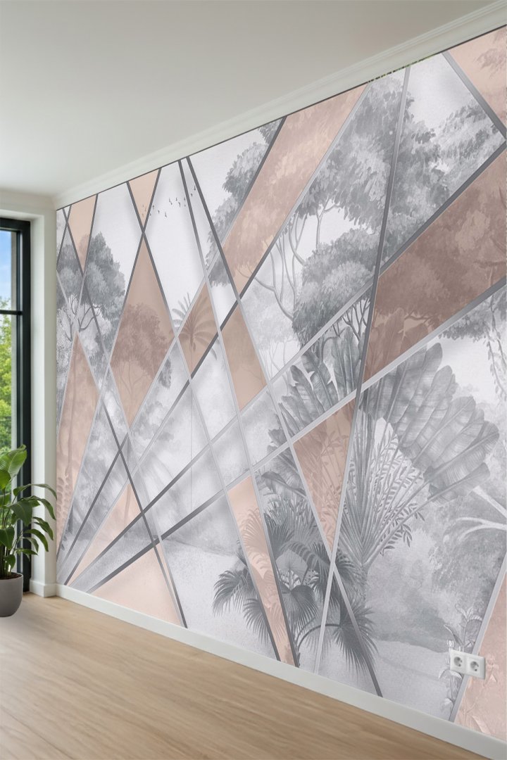  Sanatsal Geometrik Kesimli ve Tropikal Doğa Temalı Tek Parça Tekstil Duvar Kağıdı  