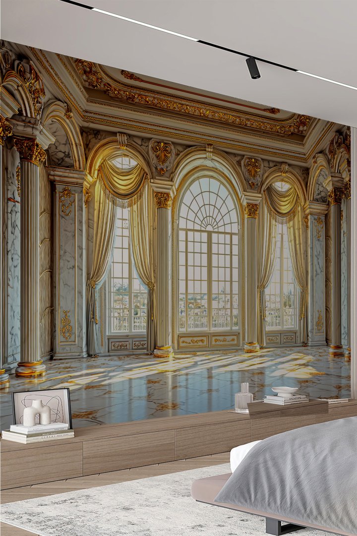 Saray Salonlu Altın Varaklı 3D Tekstil Duvar Kağıdı