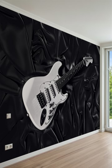 Saten Kumaş Kıvrımları Üzerinde Elektro Gitar Temalı Tek Parça Tekstil Duvar Kağıdı küçük görsel 1