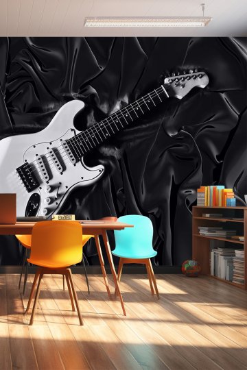 Saten Kumaş Kıvrımları Üzerinde Elektro Gitar Temalı Tek Parça Tekstil Duvar Kağıdı küçük görsel 2