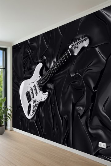Saten Kumaş Kıvrımları Üzerinde Elektro Gitar Temalı Tek Parça Tekstil Duvar Kağıdı küçük görsel 3