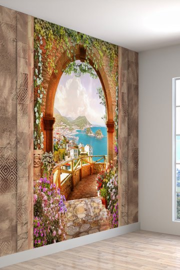 Şehir Ve Deniz Manzaralı Teras Desenli Sağlıklı Tekstil Duvar Kağıdı