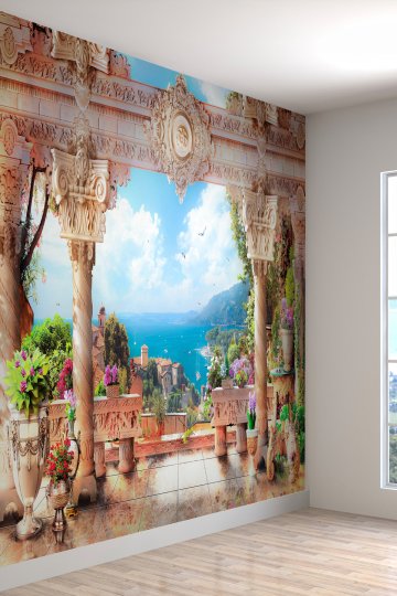 Şehir Ve Deniz Manzaralı Teras Desenli Sağlıklı Tekstil Duvar Kağıdı