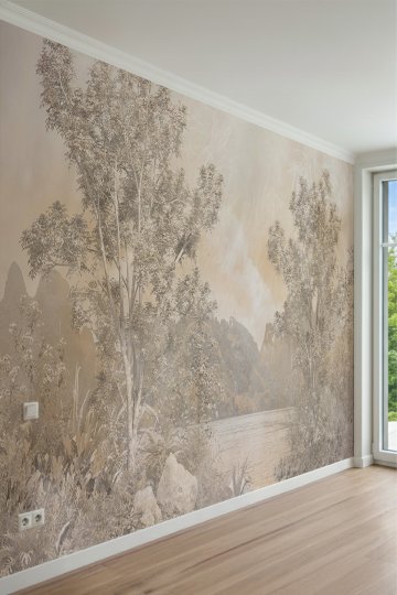 Sepia Tonlarında Nehir Kenarı Ağaçlar ve Dağ Manzaralı Gravür Desenli Tek Parça Tekstil Duvar Kağıdı