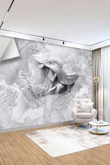 Silver Elegance Gri Şapkalı Kadın ve Kelebek Desenli Tekstil Duvar Kağıdı