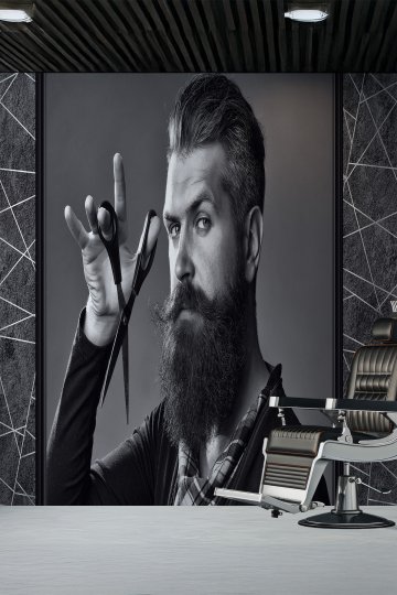 Siyah Beyaz Karizmatik Berber Portreli Tekstil Duvar Kağıdı