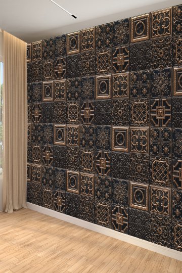 Siyah Bronz Barok Desenli Lüks Tek Parça Tekstil Duvar Kağıdı