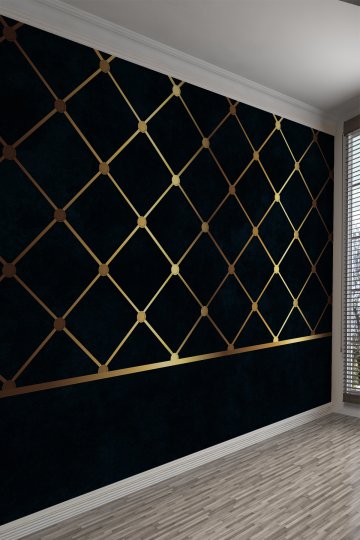Siyah Zemin Altın Geometrik Çapraz Desenli Tek Parça Tekstil Duvar Kağıdı