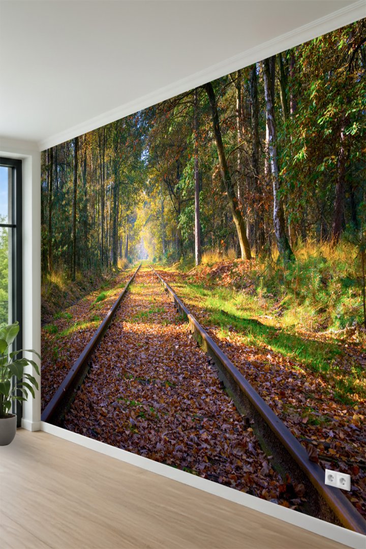 Sonbahar Orman Tren Yolu Manzaralı Tek Parça Tekstil Duvar Kağıdı