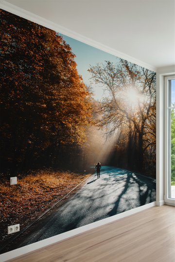 Sonbahar Ormanı ve Güneş Işıkları Manzaralı Tek Parça Tekstil Duvar Kağıdı