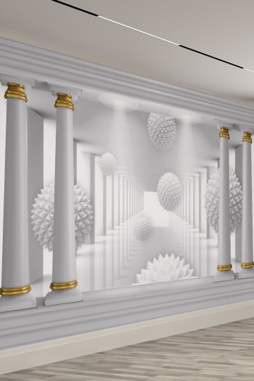 Sonsuz Koridor – 3D Sütun ve Geometrik Küre Duvar Kağıdı