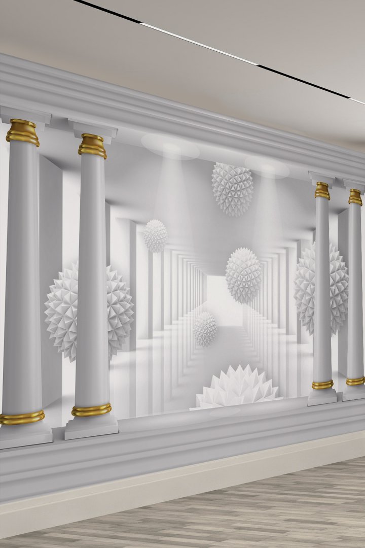 Sonsuz Koridor – 3D Sütun ve Geometrik Küre Duvar Kağıdı