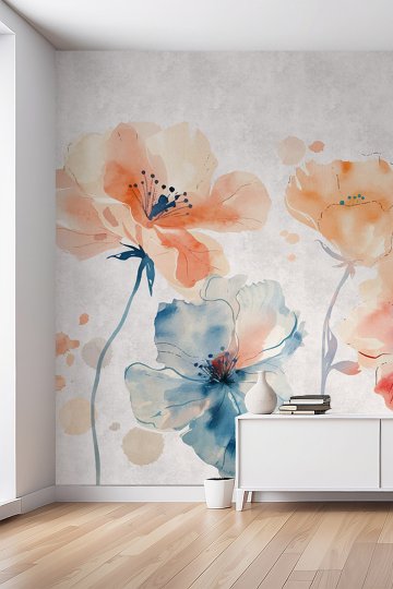 Suluboya Görünümlü Çiçek Motifli Tek Parça Tekstil Duvar Kağıdı küçük görsel 1
