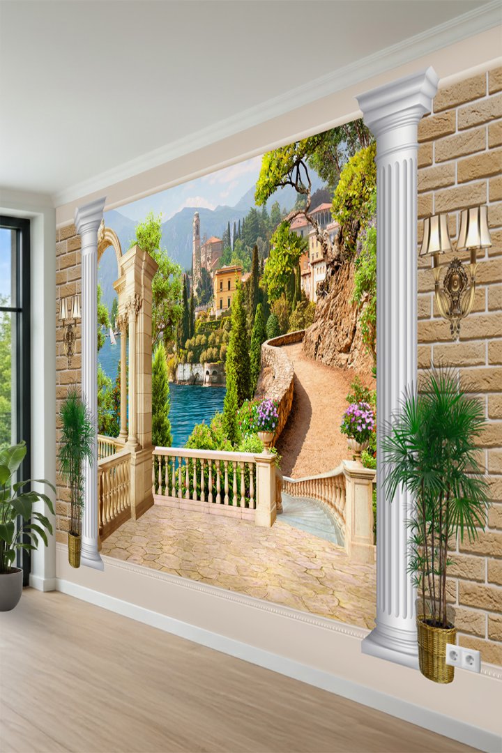 Sütunlu Deniz Manzaralı Balkon Görünümlü Tek Parça Tekstil Duvar Kağıdı