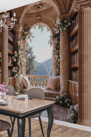 Sütunlu Teras ve Kitaplık Desenli Duvar Kağıdı