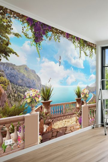 Taş Balkon Manzaralı, Çiçek Saksıları ve Deniz Manzaralı Tek Parça Tekstil Duvar Kağıdı 
