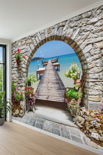 Taş Kemerli Pencereden Deniz Manzaralı ve İskele Temalı Tek Parça Tekstil Duvar Kağıdı küçük görsel 3