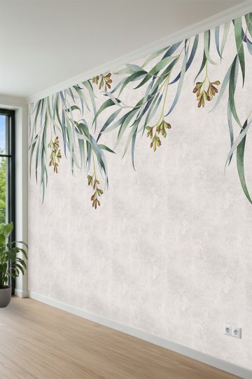 Tavandan Sarkan Yaprak ve Salkım Çiçek Desenli Tek Parça Tekstil Duvar Kağıdı küçük görsel 3